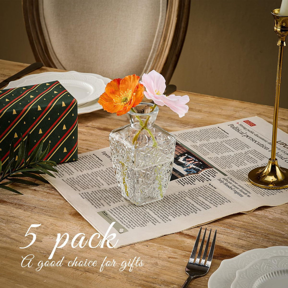 Glass Bud Vase Set of 5 Pcs Small Minimalist Vases for Flowers, Vintage Rustic Home Decor for Table Centerpiece Wedding Party, Modern Clear Aromatherapy Bottle for Living Room Bedroom