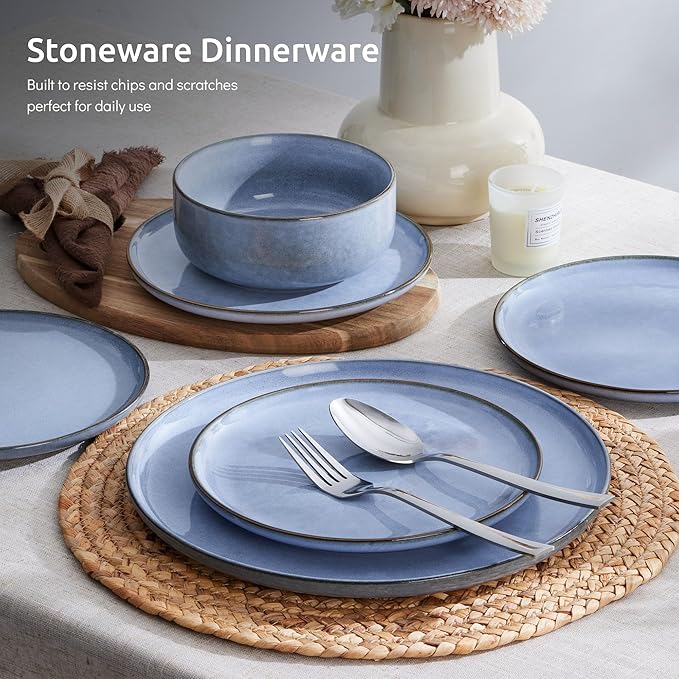 E-far 12-Piece Reactive Glaze Dinnerware Sets, Ceramic Dishes Set for 4, Stoneware Plates and Bowls Dinning Ware, Microwave & Dishwasher Safe - Ocean Blue