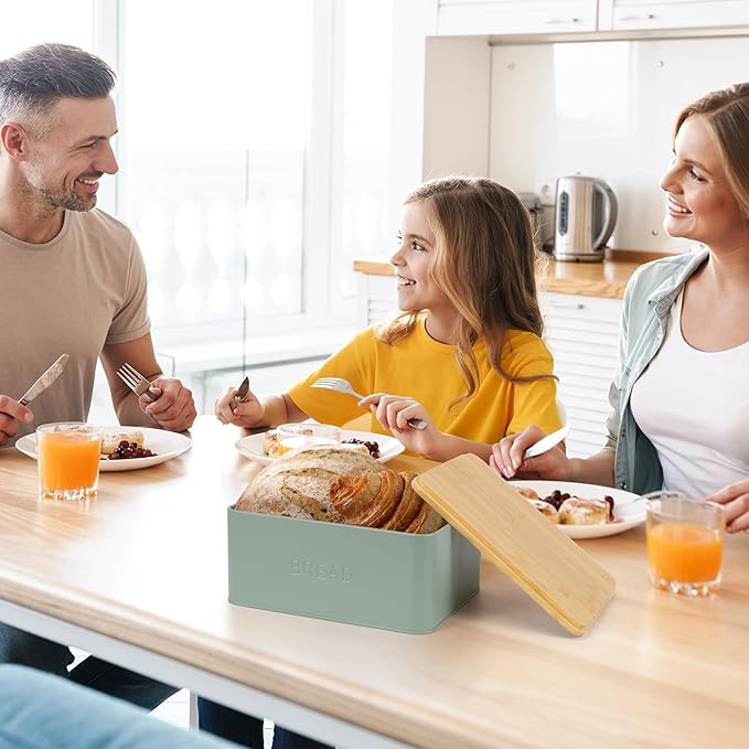 Beautiful Bread Box With Wooden Lid For Your Kitchen Countertop - Spacious Container Perfectly Stores Your Homemade Bread, English Muffins & Bagels - Quality Cutting Board Lid Keeps Bread Fresh