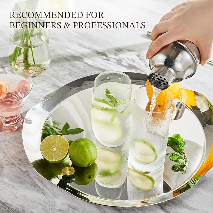 Cocktail Shaker, KITESSENSU 24oz Drink Shaker with Bartender Strainer, Measuring Jigger, Bar Mixing Spoon, Cocktail Recipe Guide, Professional Drink Mixer Set for Beginners, Silver