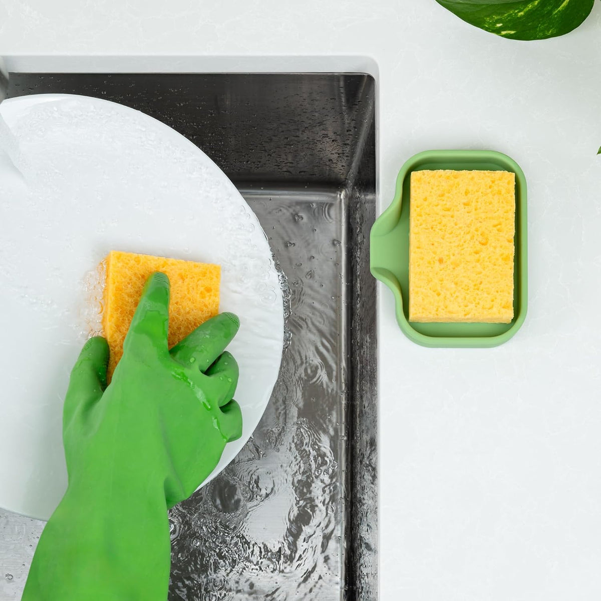 Zulay Kitchen Small Silicone Sponge Holder (4.9x3.3”) – Space-Saving Sink Organizer Tray for Sponge, Soap, Brush & More – Compact Non-Slip Dish for Kitchen & Bathroom (Jade Green)