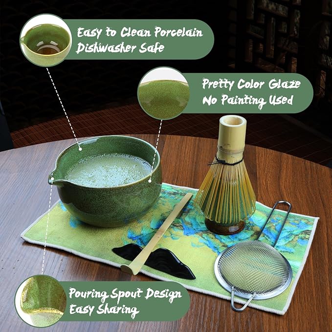 Matcha Whisk Set, 7Pcs Matcha Set Kit include Matcha Bowl, Matcha Whisk and Holder, Bamboo Scoop, Scoop Rest, Sifter and Tea Towel, Matcha Whisk and Bowl Set for Matcha Lovers and Beginers