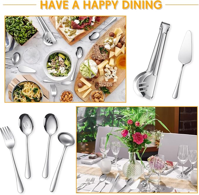 Patelai Serving Utensils Set Include Stainless Steel Large Spoons Slotted Spoons Forks Tongs Soup Ladle and Pie Server for Parties Buffet Catering, Dishwasher Safe(Silver,12 Pieces)