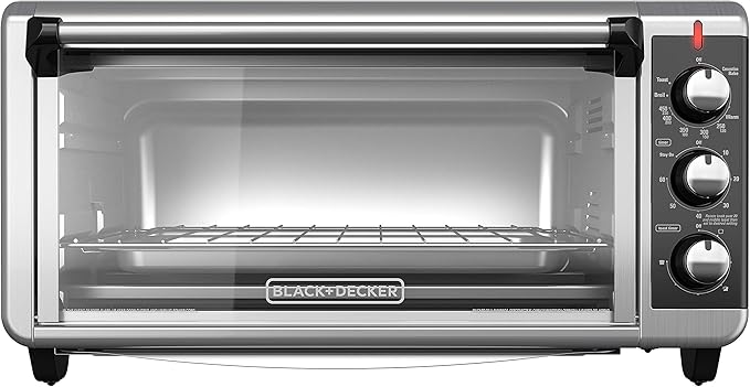 BLACK+DECKER TO3250XSBD 8-Slice Extra Wide Convection Countertop Toaster Oven, Includes Bake Pan, Broil Rack & Toasting Rack, Stainless Steel/Black