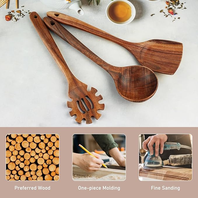 FJNATINH 3-Piece Teak Wooden Wok Spatula Set, Wooden Kitchen Utensil Set, 100% Natural Teak Wood Cooking Utensils
