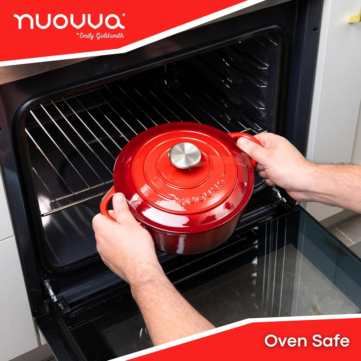 Cast Iron Pot with Lid – Non-Stick Ovenproof Enamelled Casserole Pot, Oven Safe up to 500° F – Sturdy Dutch Oven Cookware – Red, 5-Quart, 24cm – by Nuovva