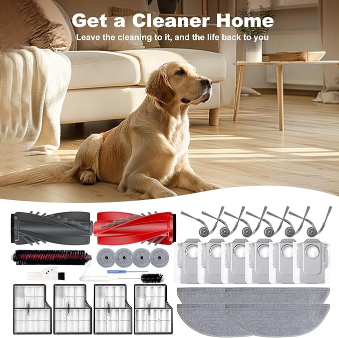 Yivy 30 PCS Replacement Parts Kit Compatible with Roborock Saros 10/G30 - Accessory Set with 2 Roller Brushes, 6 Side Brushes, 4 Filters, 4+4 Mop Pads, 6 Dust Bags, 1Self-Cleaning Brush