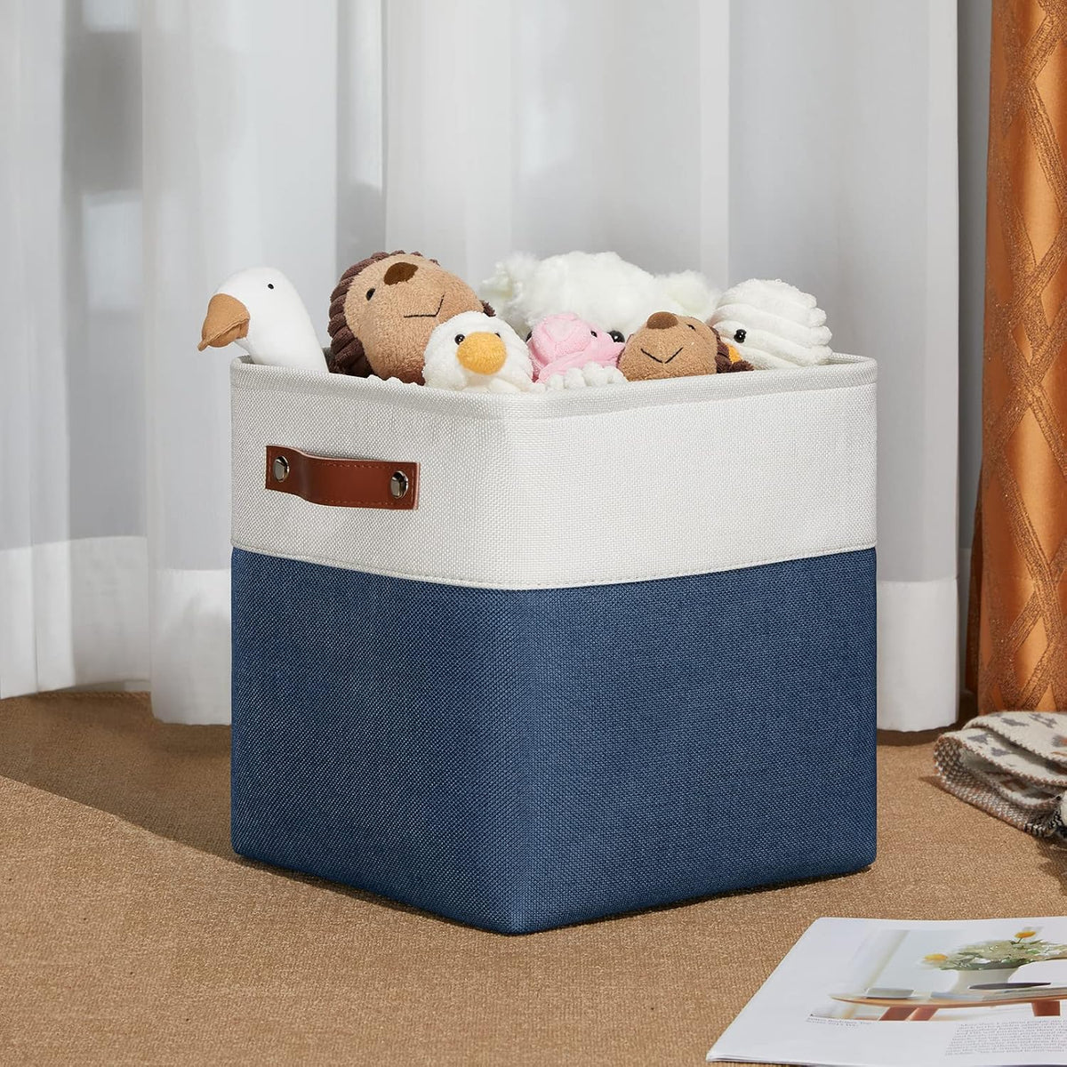 DULLEMELO [Set of 4 Storage Cubes Baskets for Organizing, 11 x 11 x 11 inch Cube Storage Organizer Bins with Leather Handles, Foldable Fabric Cloth Bins for Cube Storage(4 Pack - 11" White&Blue)