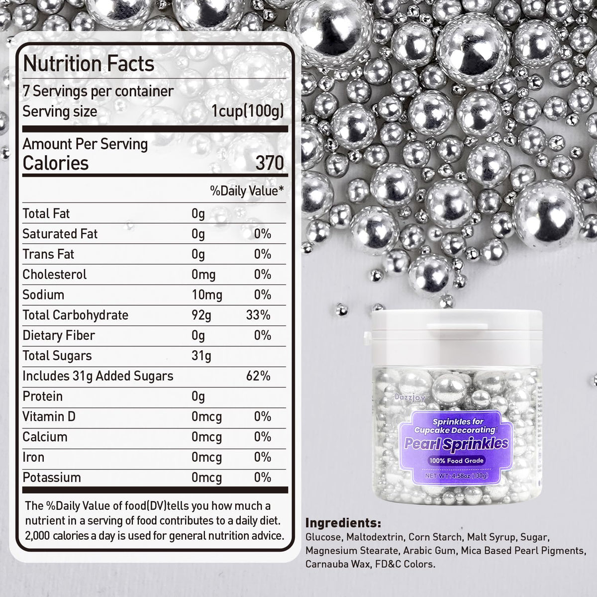 Dazzjoy Silver Pearl Sugar Candy Sprinkles, Edible Pearl Mix Size, 4.58oz, Cake Decoration & Cake Toppers, Baking Cake Decorations, Wedding Party Valentines Easter Supplies