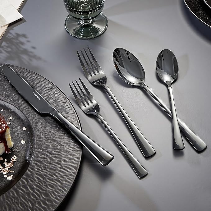 KINGSTONE Silverware Set for 8, 40-Piece Forged 18/10 Stainless Steel Flatware Set, Mirror Finish Cutlery Set Dishwasher Safe for Home, Restaurant, Wedding, Party,Black