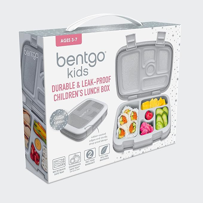 Bentgo Kids 5-Compartment Lunch Box - Glitter Design for School, Ideal for Ages 3-7, Leak-Proof, Drop-Proof, Dishwasher Safe, & Made with PFAS & BPA-Free Materials (Glitter Edition - Silver)
