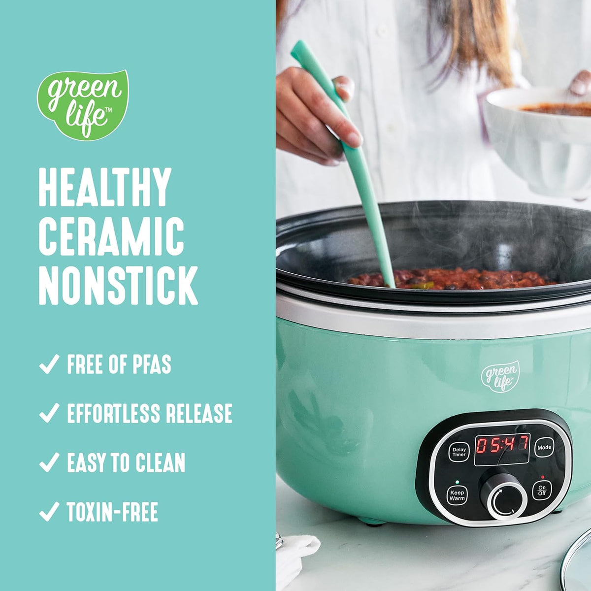 GreenLife 6 Quart Ceramic Slow Cooker, PFAS-Free, Programmable, Removable Healthy Nonstick Pot for Family Meals, Sear on Stovetop, Keep Warm, Digital Timer, Dishwasher Safe Glass Lid, Turquoise