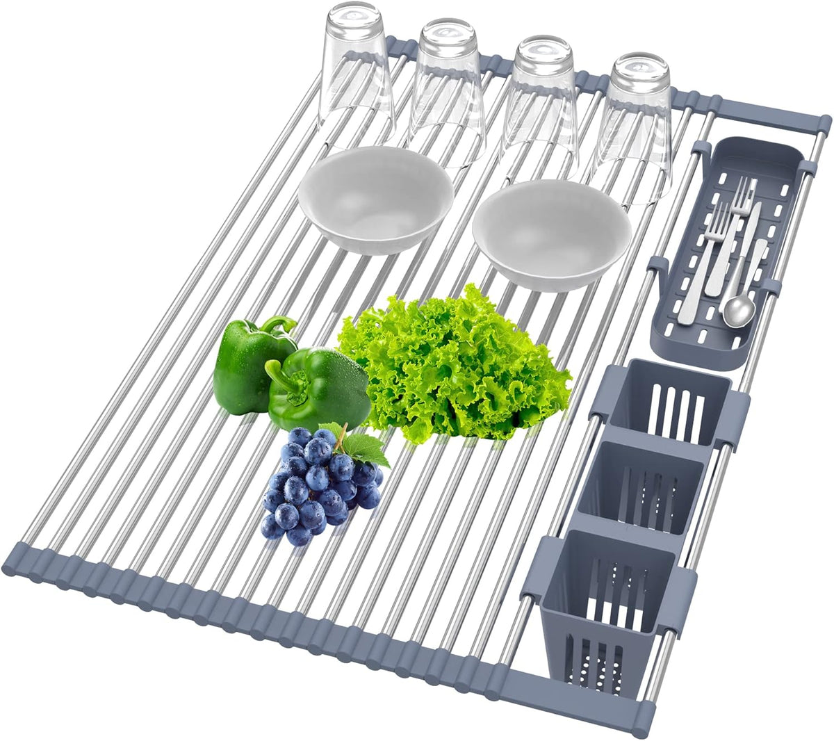 Extra Large Expandable Roll Up Dish Drying Rack Up to 22.8''with 2 Storage Baskets,Over The Sink Kitchen Rolling up Dish Drainer Dish Drying Rack in Sink, Foldable,Rollable,for Kitchen Dishes,Fruits