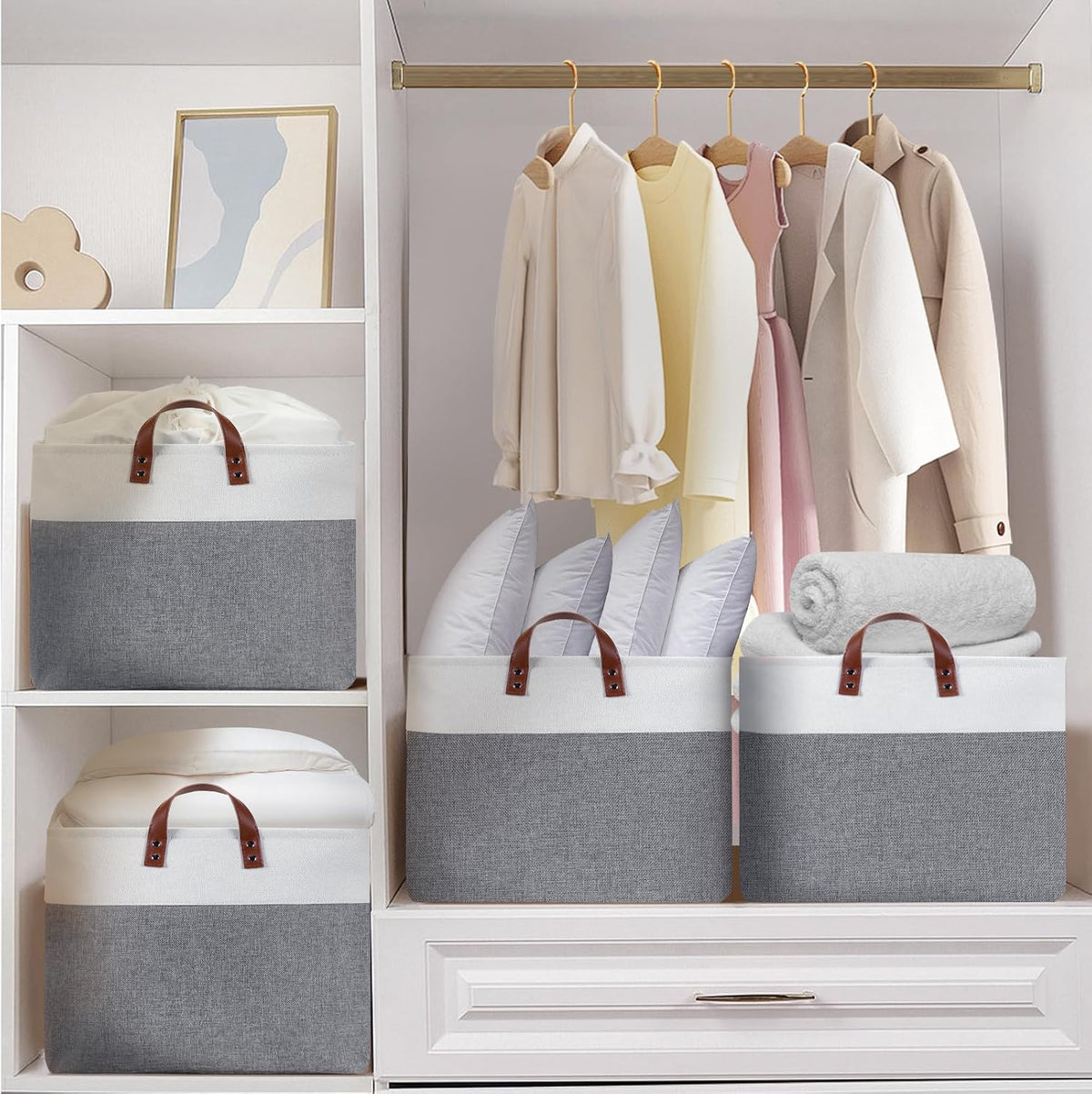 DULLEMELO Extra Large Storage Baskets for Organizing 22"x15"x13" Foldable Fabric Storage Baskets Organizer Bins with Handles Large Storage Basket for Shelves Closet Toys Books (White&Grey)