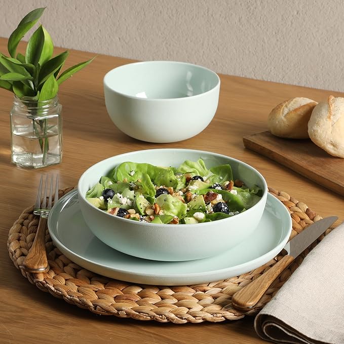 Gibson Home Candy Skies 12 Piece Unbreakable Wheat Straw Melamine Plates and Bowls Dinnerware Set - Outdoor, Camping, & Everyday Use - Matte Exterior/Shiny Interior Green
