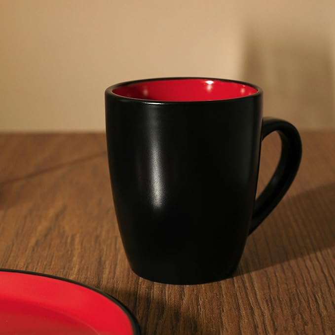 Stone Lain Albie Stoneware 16 Piece Dinnerware Set, Plates and Bowls Sets, Dish Set for 4, Red and Black, Microwave & Dishwasher Safe
