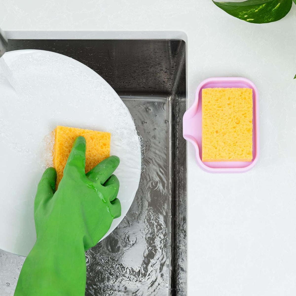 Zulay Kitchen Small Silicone Sponge Holder (4.9x3.3”) – Space-Saving Sink Organizer Tray for Sponge, Soap, Brush & More – Compact Non-Slip Dish for Kitchen & Bathroom (Lavender)
