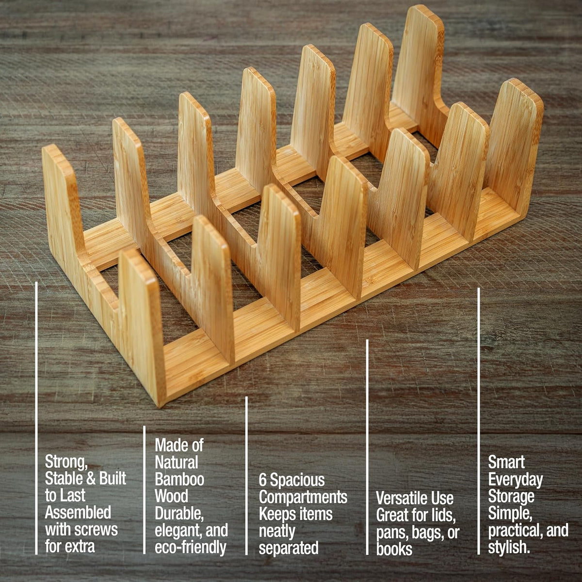 Kitchen Cabinet Organizer - Sturdy Bamboo Pot and Pan Organizer for Inside Cabinet - Multiuse Lid Organizer - Durable & Minimalist Kitchen Cabinet Organizer
