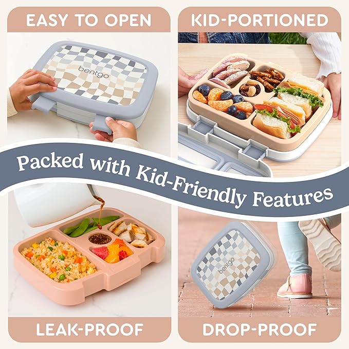 Bentgo Kids 5-Compartment Leak-Proof Bento-Style Lunch Box (Whimsy & Wonder Collection) - Ideal for Ages 3-7, Drop-Proof & Durable, Dishwasher Safe, & PFAS & BPA-Free Materials (Checker Gradient)