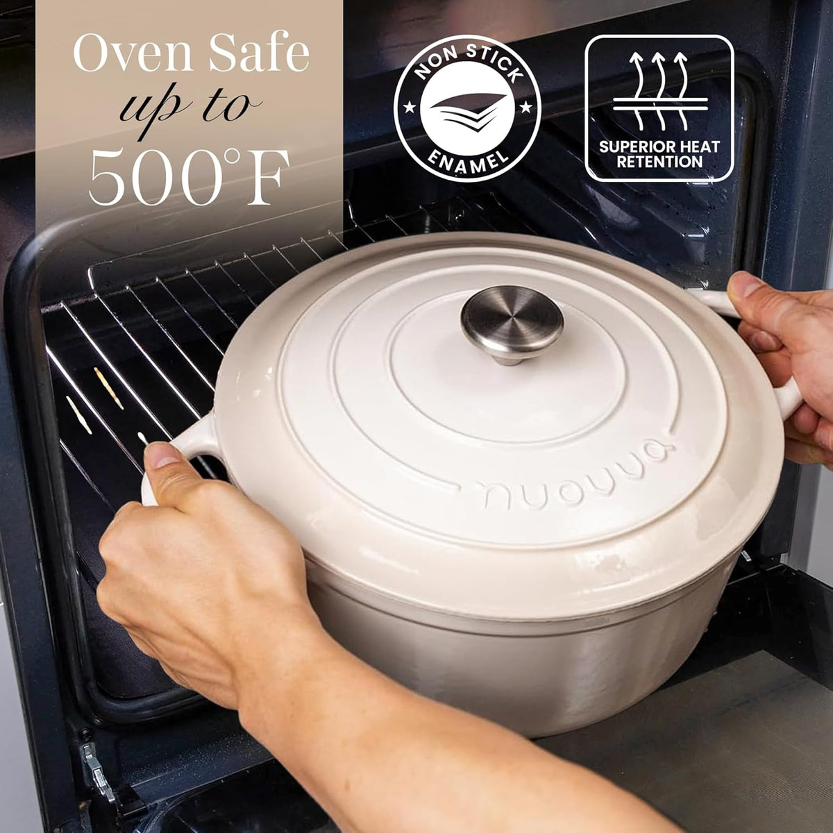 Nuovva Enamelled Cast Iron Dutch Oven Pot with Lid 6.4 Quart Non Stick Casserole Pot – Heavy Duty & Oven Safe up to 500° F for Bread Baking, Braising, Stews, Roasting – 28cm Oyster