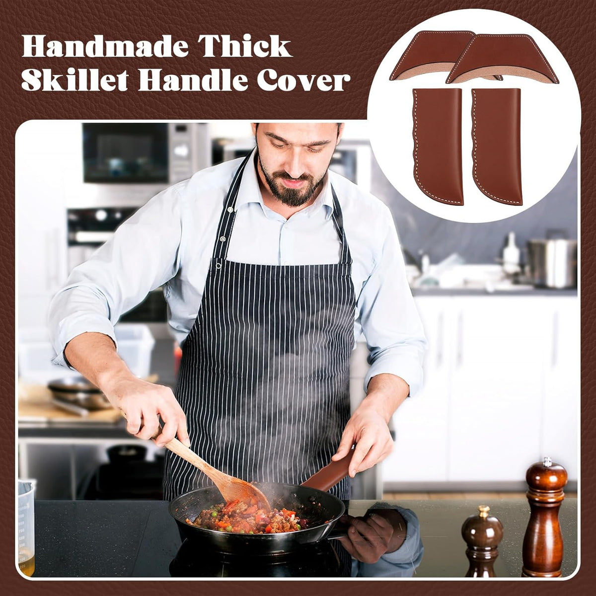 Baderke 4 Pcs Leather Cast Iron Handle Cover Handmade Leather Heat Resistant Skillet Handle Set Pot Holder for Hot Frying Pans, Pots(Dark Brown)