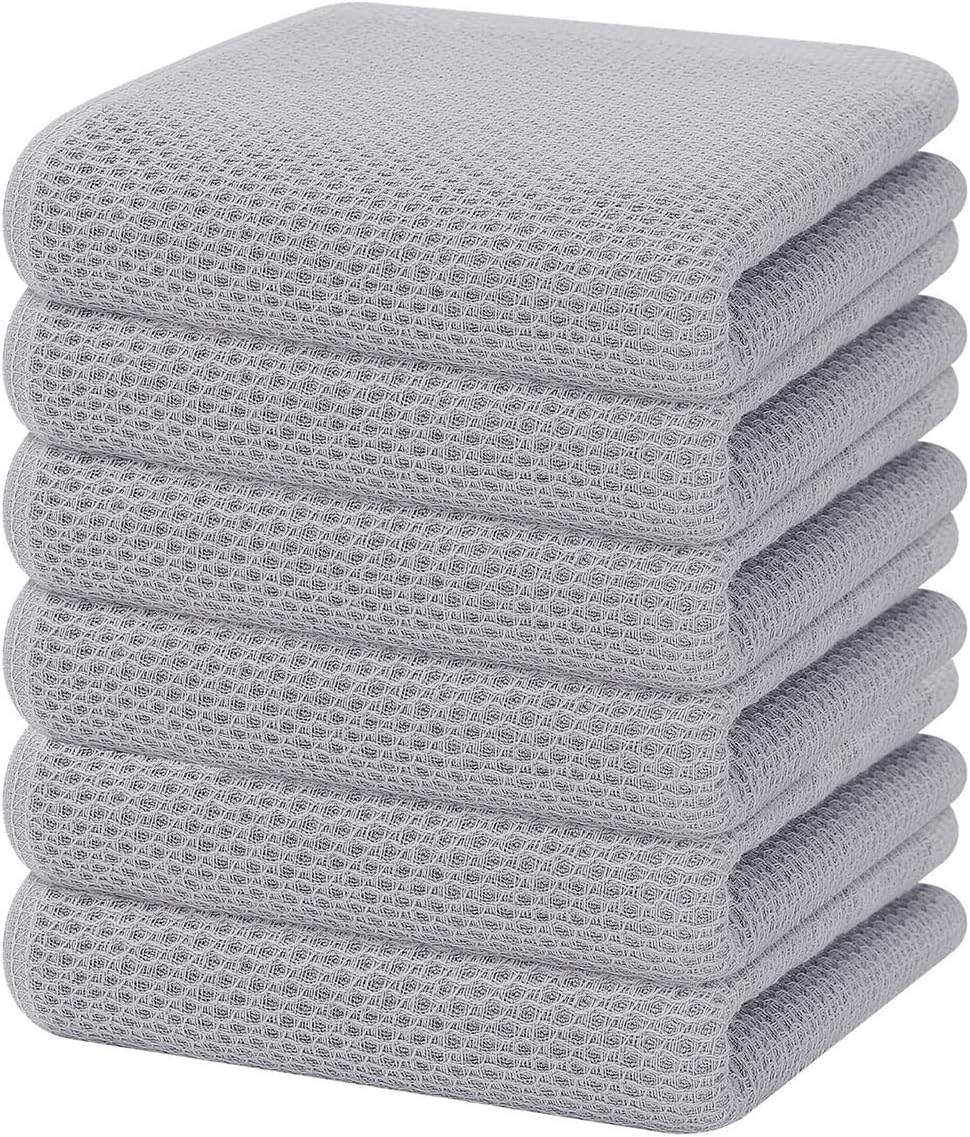 Homaxy 100% Cotton Waffle Weave Kitchen Dish Towels, Ultra Soft Absorbent Quick Drying Cleaning Towel, 13 x 28 Inches, 6-Pack, Light Gray