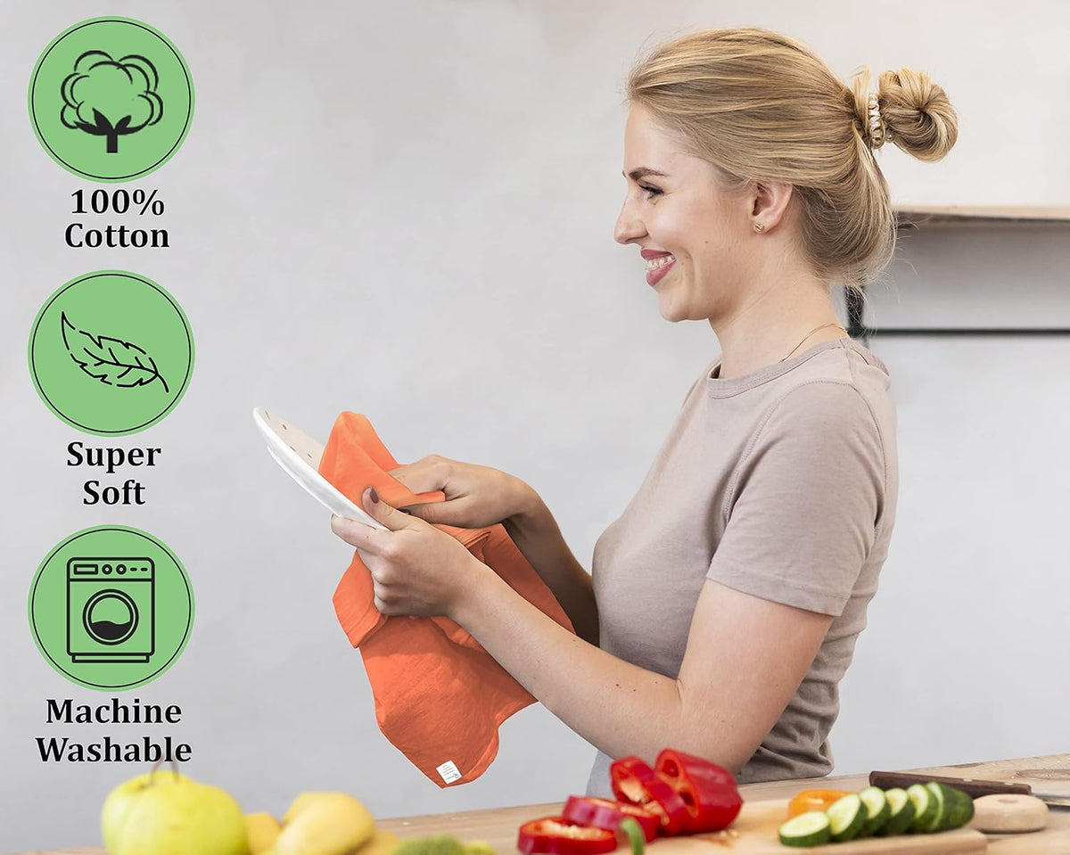 RUVANTI Flour Sack Towels 4 Pack 28x28 Inch, 100% Cotton Tea Towel, Reusable, Machine Washable, Absorbent BarTowels - Dish Cloth Perfect for Drying Dishes & Cleaning - Orange