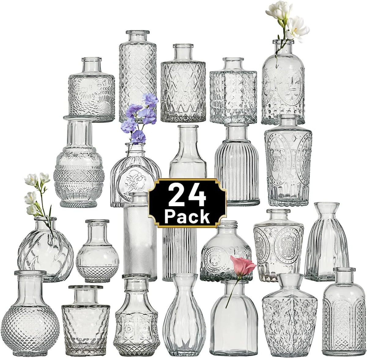 Glass Bud Vase Set of 24 Pcs Small Minimalist Vases for Flowers, Vintage Rustic Home Decor for Table Centerpiece Wedding Party, Modern Clear Aromatherapy Bottle for Living Room Bedroom