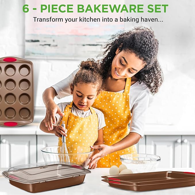 NutriChef 6-Piece Baking Pan Set - PFOA, PFOS, PTFE Free Flexible Nonstick Golden Coating Carbon Steel Bakeware - Professional Home Kitchen Bake Cookie Sheet Stackable Tray w/Red Silicone Handles