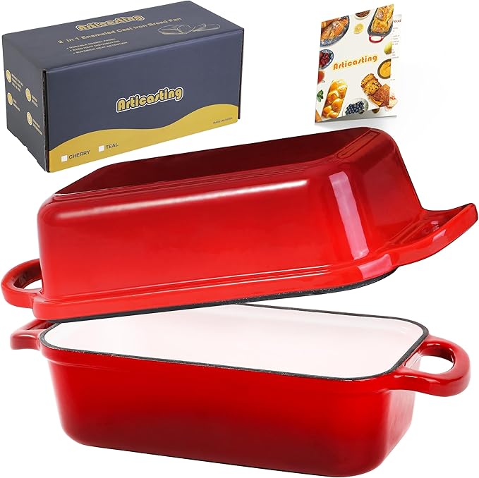 Cast Iron Bread Loaf Pan with Lid, 2 In 1 Loaf Pans for Baking Bread 9x5, Enameled Bread Pans for Homemade Bread, Sourdough, Even Heating Bread Dutch Oven, Red