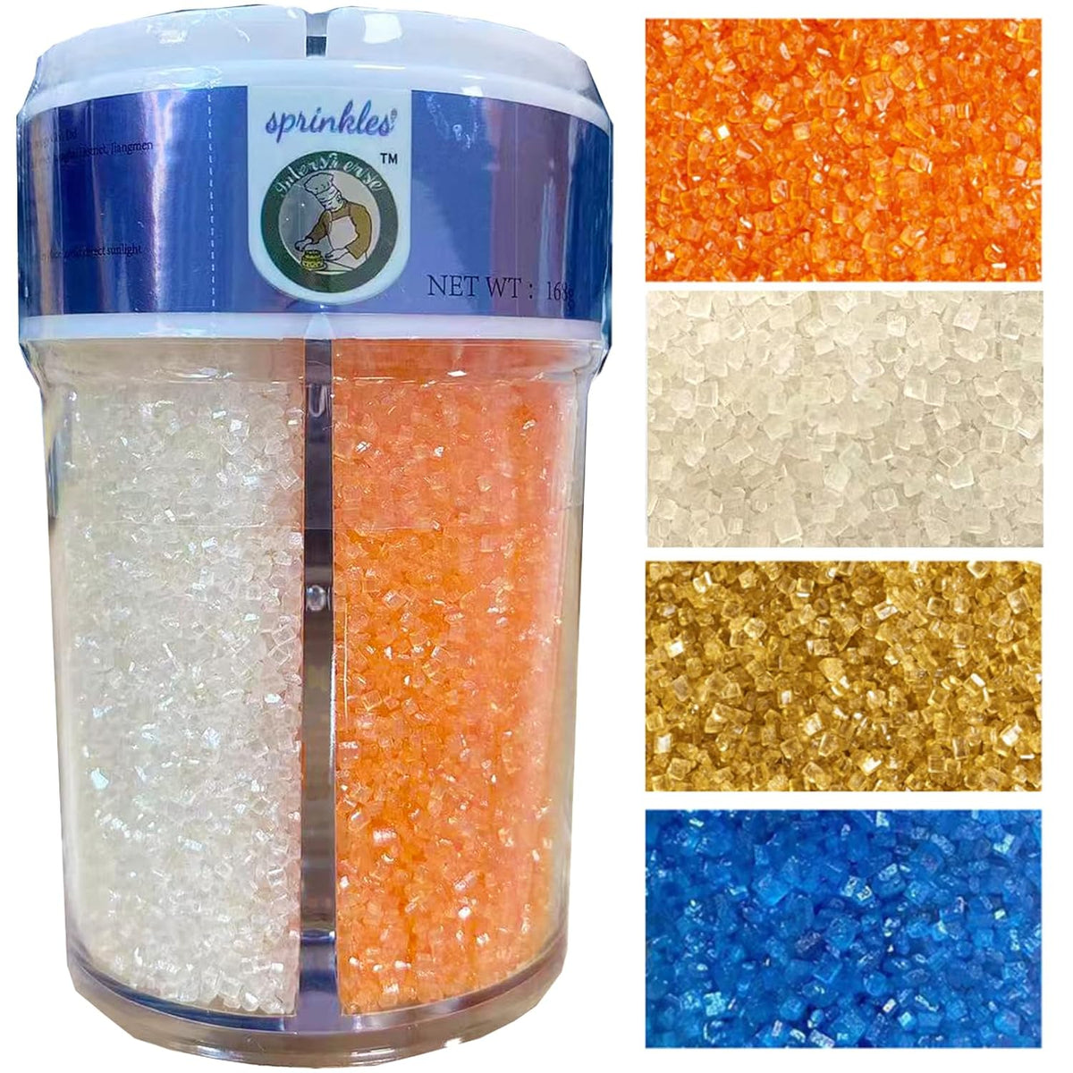 Sentovac 4-Colors Sanding Sugar for Baking Edible Sparkling Sugar Sprinkles Coarse Sugar Crystals for Baking Cake Cookie Cupcake Topper Ice Cream Decoration Supplies（Blue Orange Gold White）