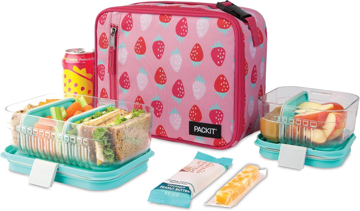 PackIt Freezable Classic Lunch Box, Sweet Strawberry, Built with ECOFREEZE Technology, Collapsible, Reusable, Zip Closure With Zip Front Pocket and Buckle Handle, Designed for Fresh Lunch On the Go