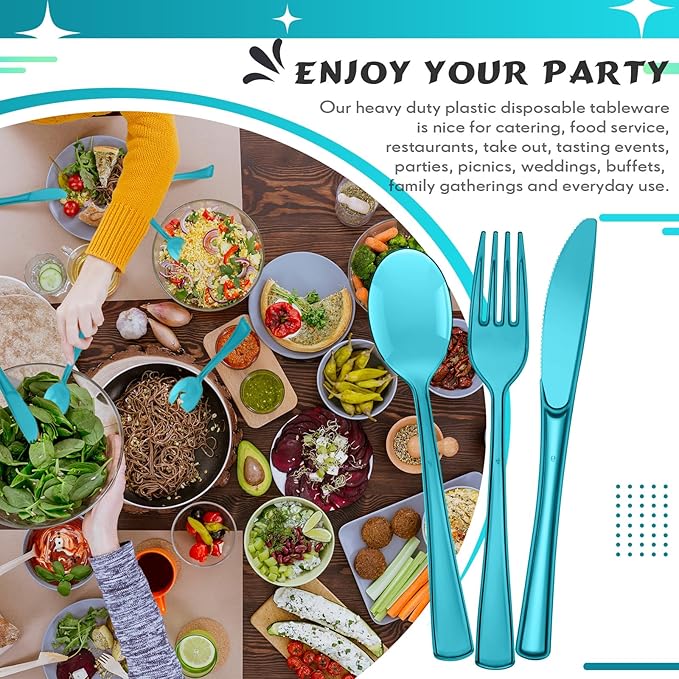 Minatee 150 Pieces Disposable Cutlery Set Plastic Silverware Heavy Duty Utensil Sets 50 Forks 50 Knives 50 Spoons for Home Office School Party Picnics Restaurant Outdoor Events(Peacock Blue)