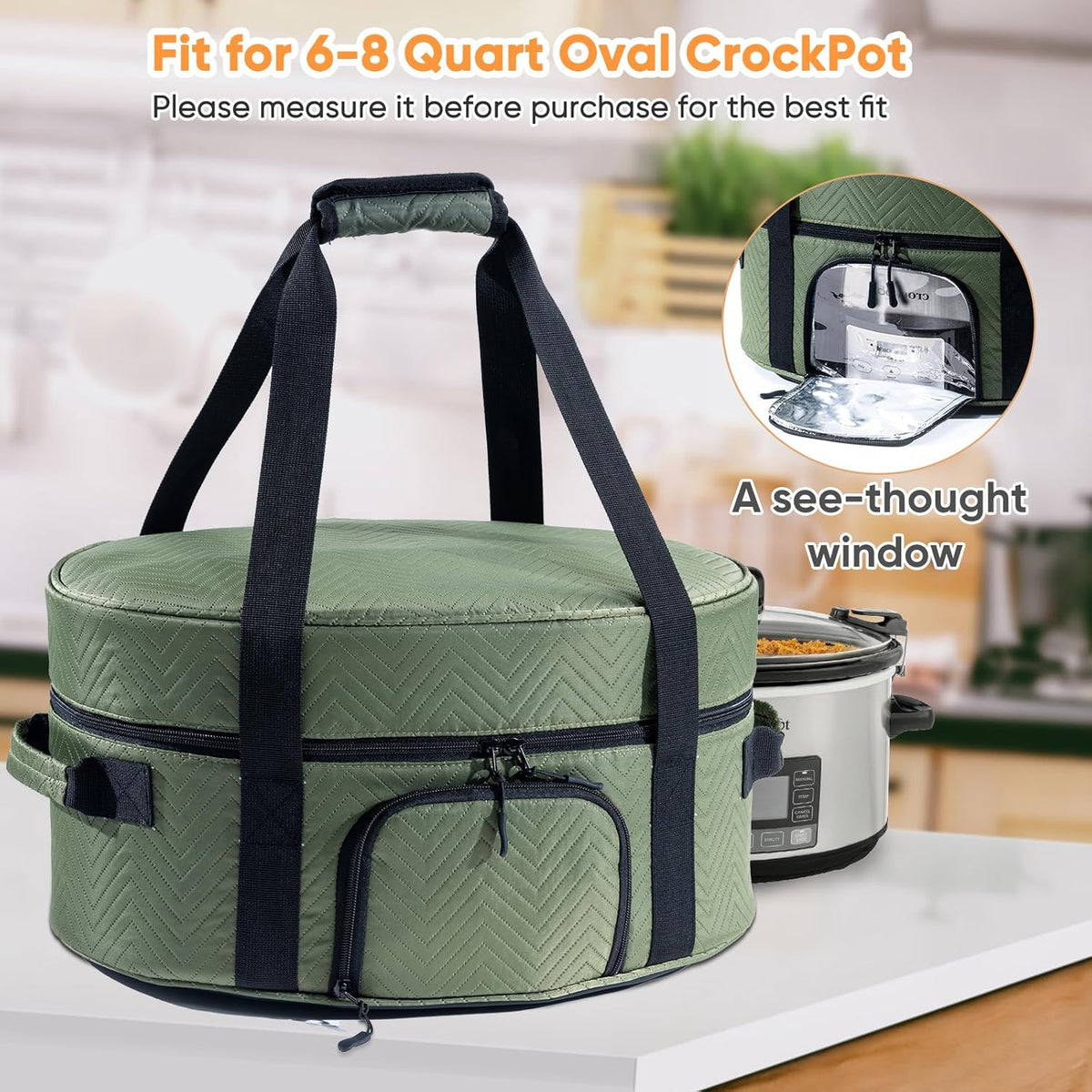 Insulated Slow Cooker Carrying Bag for 6-8 Quart CrockPot and Hamilton Beach Slow Cooker with See-thought Window, Portable Carrier Case with Adjustable Band and Accessory Pocket