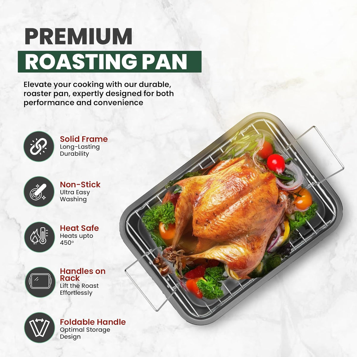 Large Roasting Pan With Rack 12” X 16” - Non Stick Large Roaster Pan and Flat Rack With Foldable Handles - Roasting Pans for Ovens to Elevate Food for Even Heating - Dishwasher Safe Turkey Roast Pot