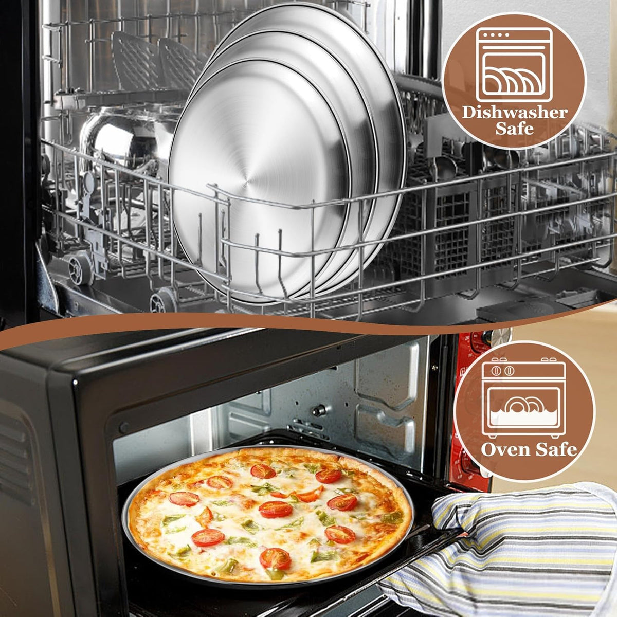TeamFar Pizza Pan, 9 Inch, 10 Inch, 12 Inch Stainless Steel Pizza Pans Set, 3 Sizes Round Pizza Oven Baking Serving Plate Tray for Pizza Pie Cookie, Non-Toxic & Heavy Duty, Dishwasher Safe