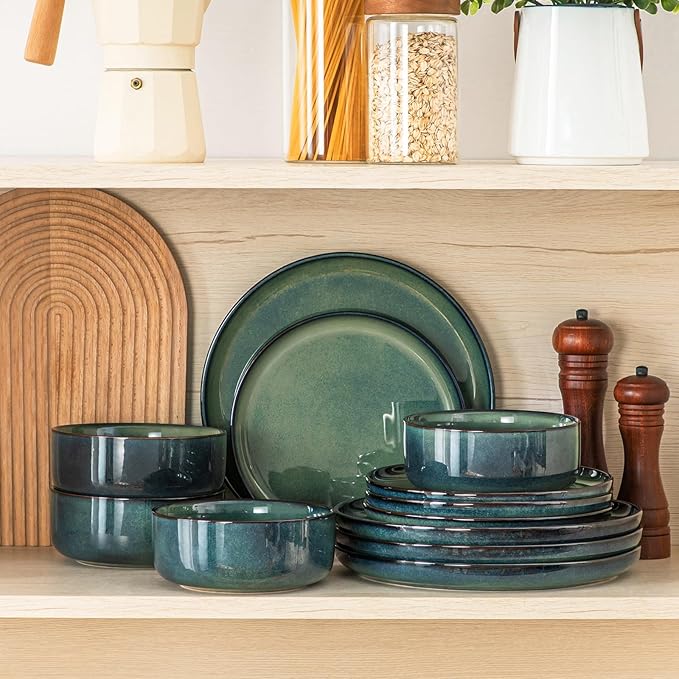 vancasso Starry 12 Pieces Dinnerware Sets for 4, Green Reactive Glaze Dishes Sets, Ceramic Plates and Bowls Set, Dinner Salad Dessert Plates, and Cereal Bowls Set, Dishwasher and Microwave Safe