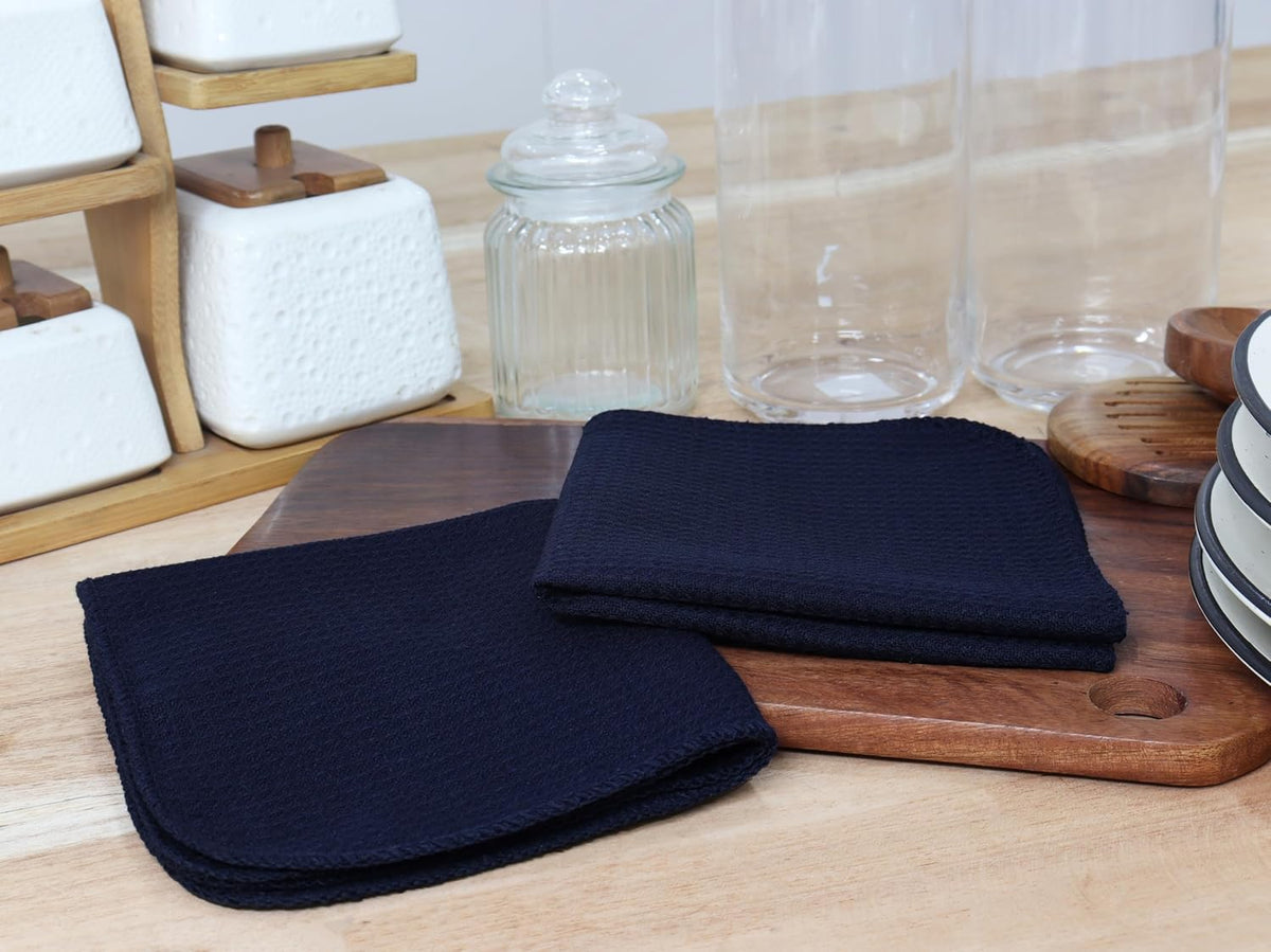 PurpleEssences Dish Cloths and Dish Rags - 8 Pack Waffle Weave Solid Kitchen Dish Wash Cloths, 100% Cotton, 12 x 12 Inches, Ultra Soft Absorbent Quick Drying - Navy Blue