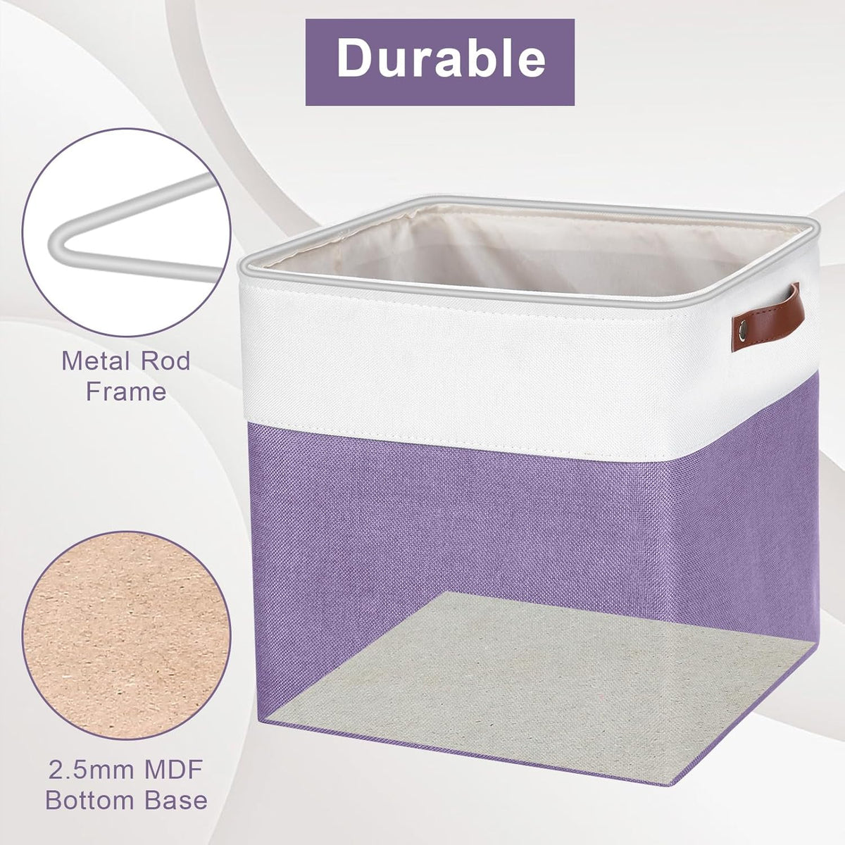 13x13 Cube Storage Bins, Collapsible Fabric Storage Box, 4 Pack Closet Baskets with Handles for Organizing, Shelf, Toys, Clothes, Home, Office, Nursery (Purple&White)