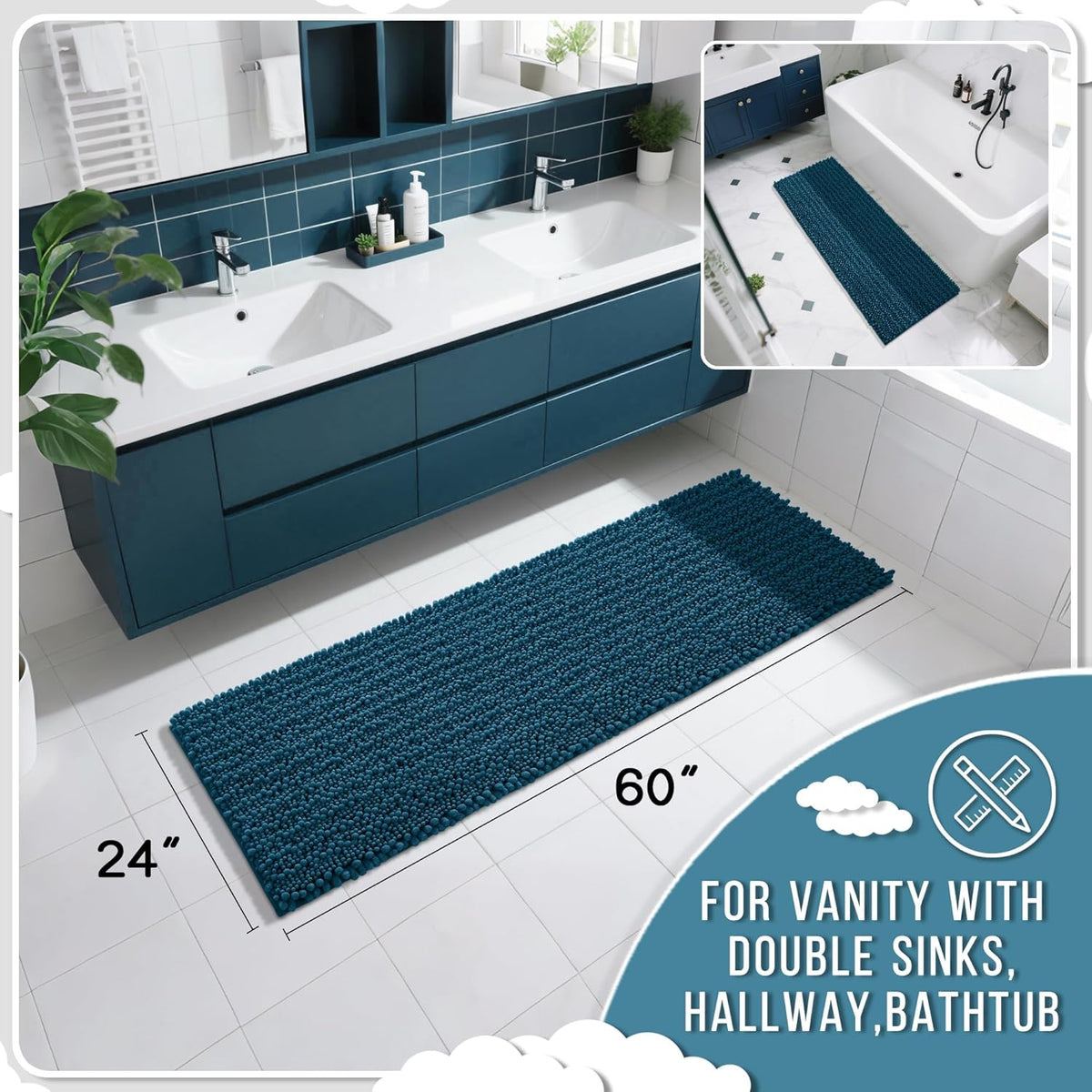Yimobra Bathroom Runner Rug 60x24 Inch - Extra Long Non Slip Chenille Bath Mat, Soft & Absorbent, Machine Washable Shaggy Hallway Carpet for Vanity Tub Shower, Peacock Blue Home Decor Accessories