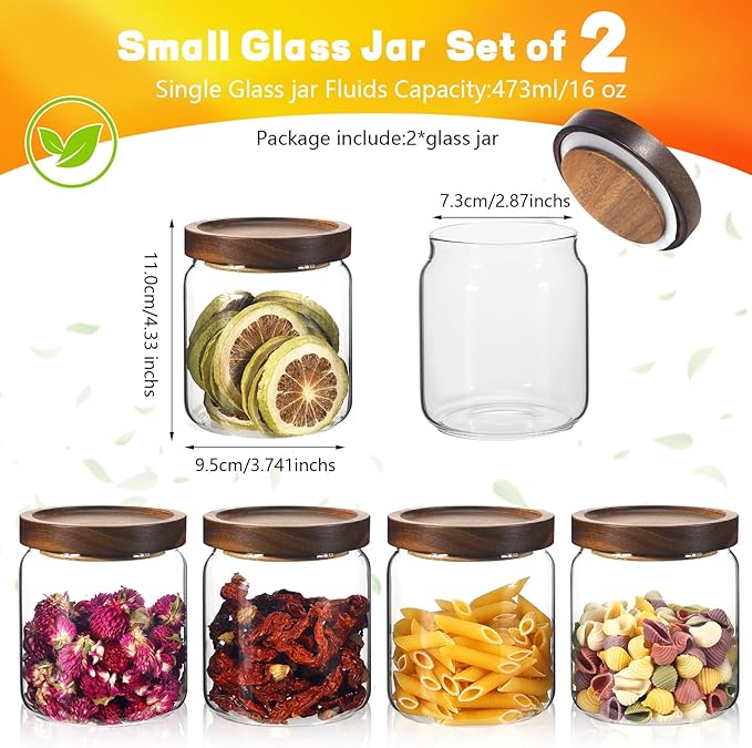 Glass Spice Jars Seasoning Containers Small Glass Jars with Lids Airtight Food Storage Canister for Kitchen Pantry Sugar Tea Coffee Bean Nuts Cookies Herbs Salt (16oz/473ml*2 Pcs)