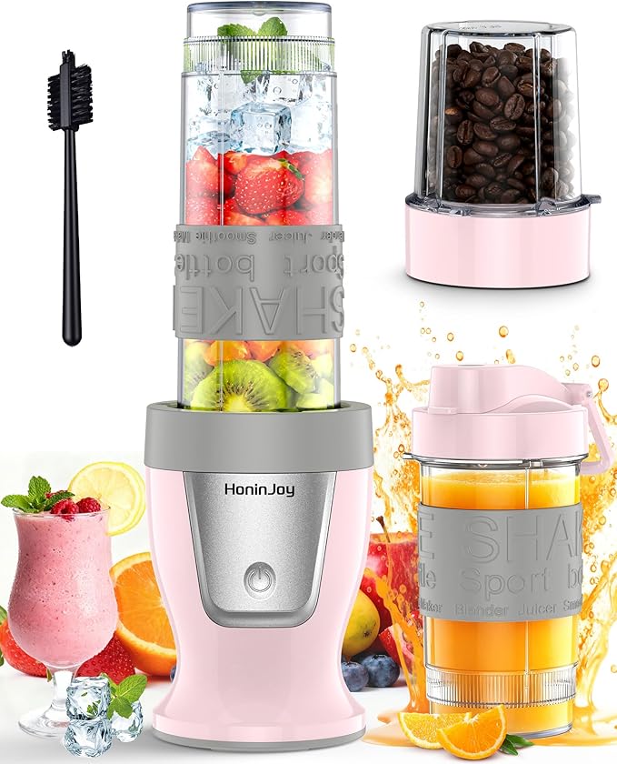 Smoothie Blender, 650W Personal Blenders for Shakes and Smoothies with Grinder Cup & 2 BPA-Free Portable Cups (20oz+14oz), Portable Blender for Juices, Smoothies Maker for Kitchen, Pink