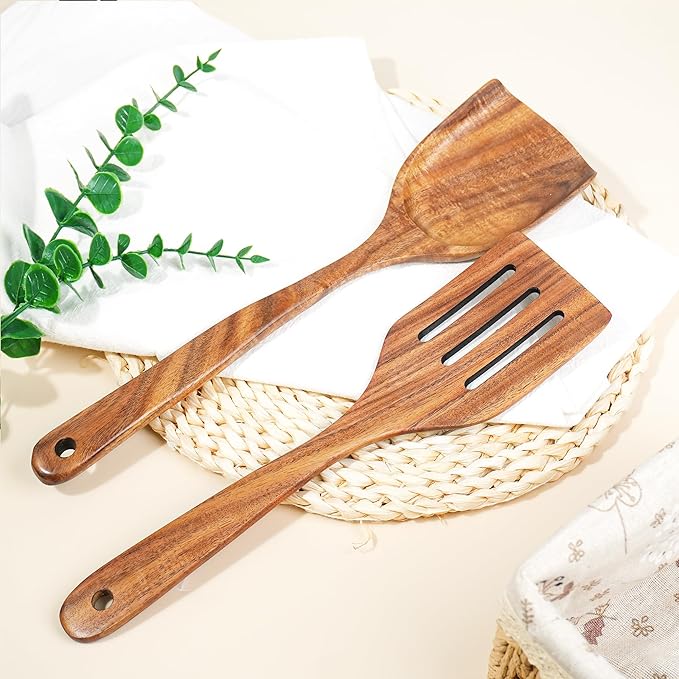 FJNATINH 2 Pcs Wooden Spatula Set for Cooking, Natural Teak Spatula and Slotted Turner for Non-stick Cookware, Kitchen Cooking Utensils for Frying Flipping Pancake Spatula