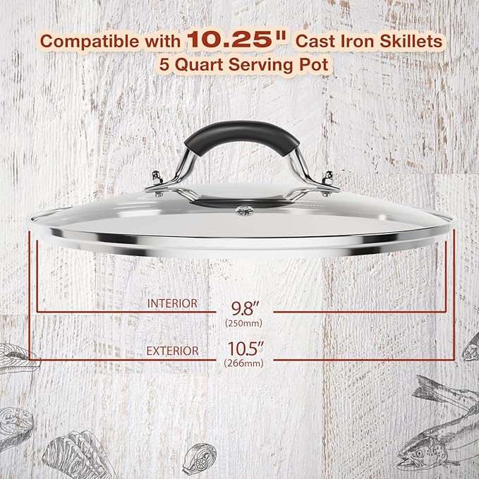 10.25 Inch Tempered Glass Lid Compatible with 10-10.25 Inch Lodge Cast Iron Skillet and 5 Quart Dutch Ovens