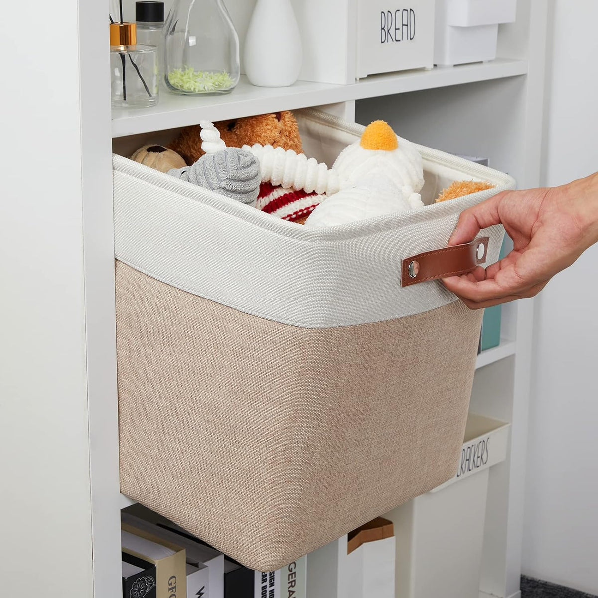DULLEMELO Fabric Storage Cubes,13 inch Cube Stroage Bins for Empty Gift Basket,Toy Nursery Storage Linen Closet Organizers and Storage Baskets Shelves Bins(White&Khaki)