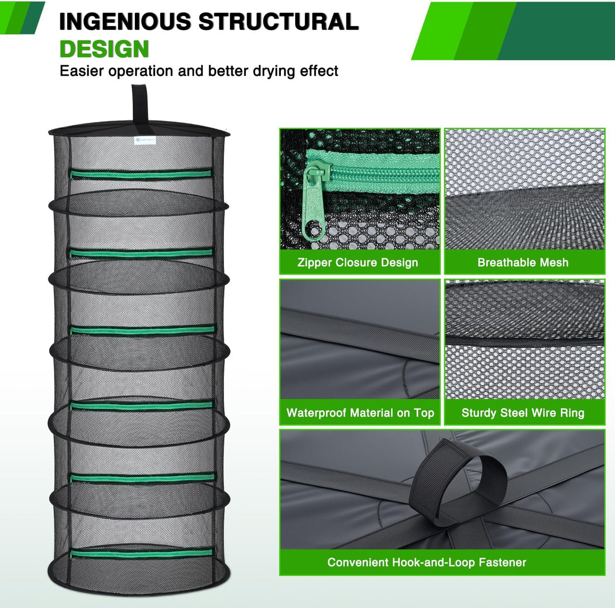 Yesker 6 Layer Herb Drying Rack Hanging Mesh Net Foldable Plant Drying Racks 24" Diameter with Green Zipper & Hook Dryer Hanging Rack for Herbs Seed Bud Fruit Clothes Grow Tent Closets Garden Outdoor