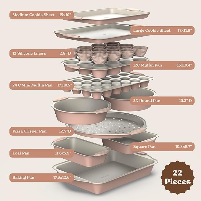 Country Kitchen Nonstick Stackable Bakeware Set - Durable, Easy Release Baking Set- 22 Pc. Includes Silicone Muffin Cups