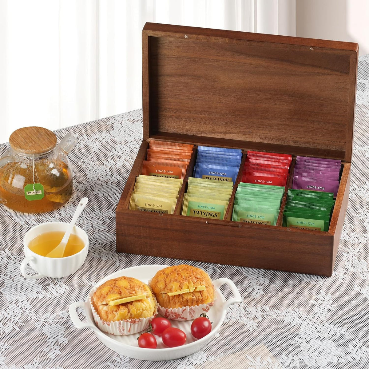 Acacia Wood Tea Bag Organizer, 8 Compartments Tea Box Organizer Storage Box, Tea Box for Tea Bags Chest, Tea Bag Holder with Magnetic Lid for Beverage Supplies, Sugar, Sweeteners, Individual Packets
