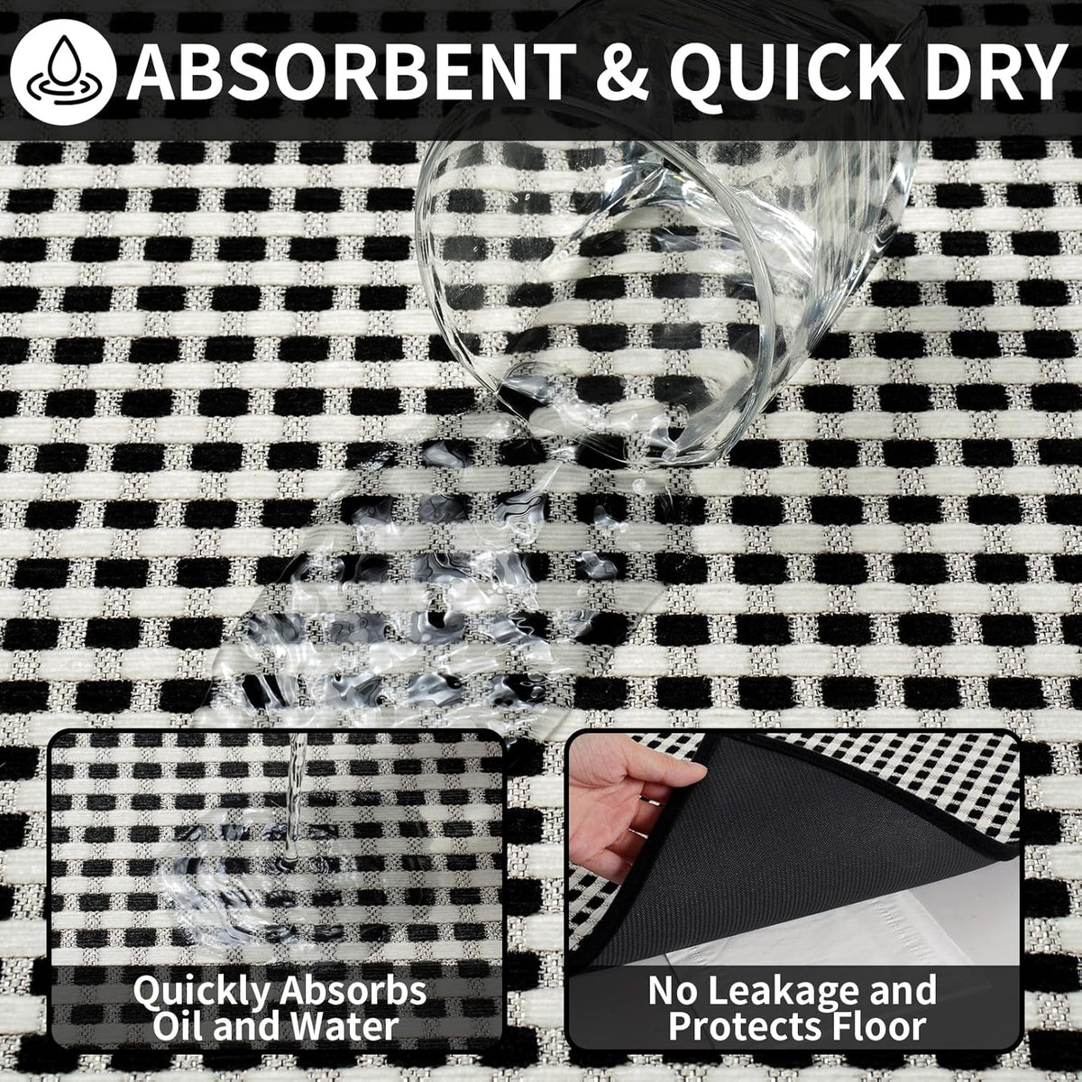 Kitchen Mats for Floor, Super Absorbent Kitchen Rugs Non Slip Washable, Rubber Backing Soft Chenille Braided Kitchen Runner Rug Standing Mat Sink Mat, Easy to Clean, Black 17"x28"