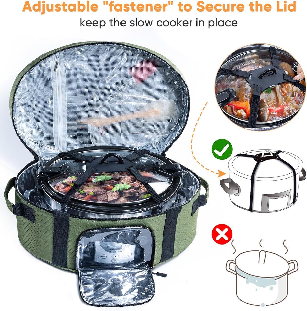 Insulated Slow Cooker Carrying Bag for 6-8 Quart CrockPot and Hamilton Beach Slow Cooker with See-thought Window, Portable Carrier Case with Adjustable Band and Accessory Pocket